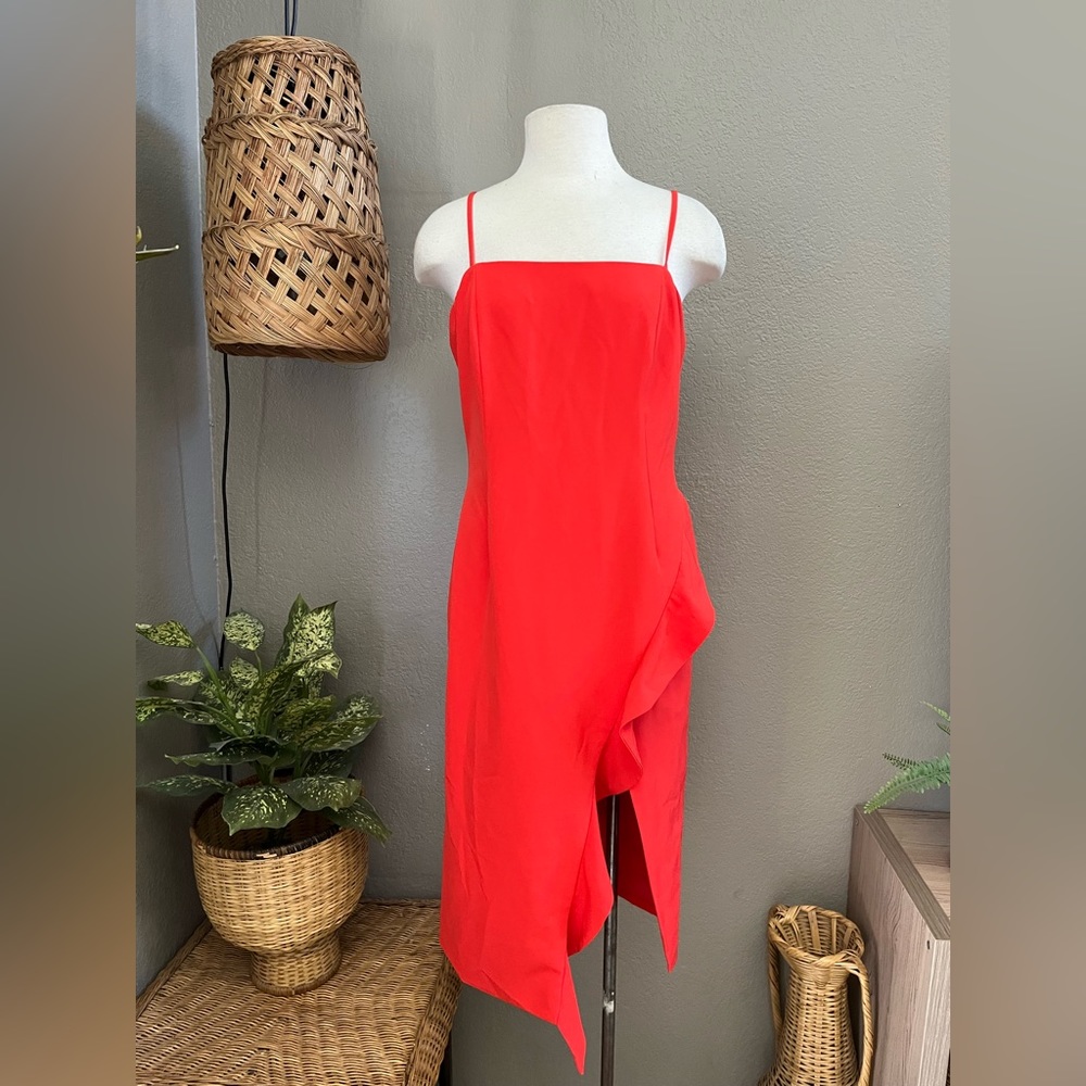☑️ Bardot Carmelle Cocktail Dress Ruffle Slit Fitted size 10/L - Picture 9 of 12